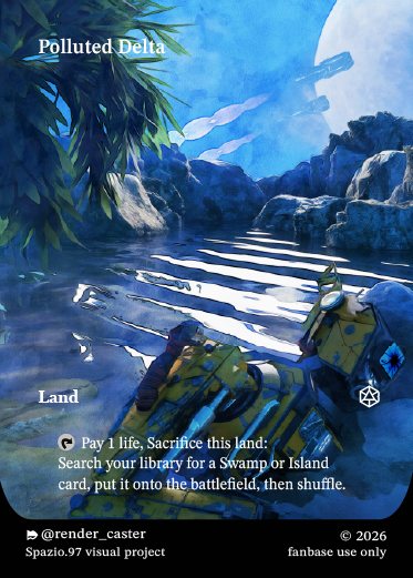 Carta Rendercaster Polluted Delta, n° 04, fetch land: relitto meccanico in una laguna notturna