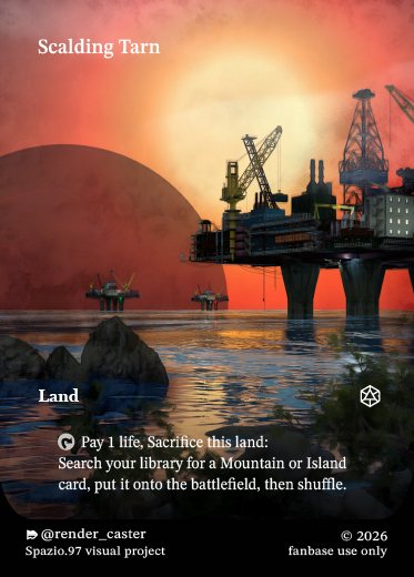 Carta Rendercaster Scalding Tarn, n° 07, fetch land: piattaforma petrolifera nel mare al tramonto